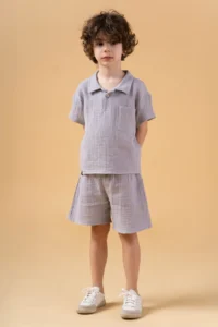 Minipodyum Boy's Plaid Shirt Shorts Muslin Summer Double Set - Image 4