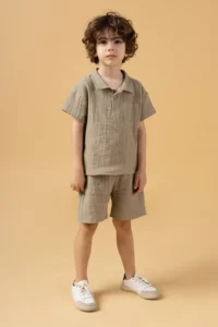 Minipodyum Boy's Plaid Shirt Shorts Muslin Summer Double Set - Image 2