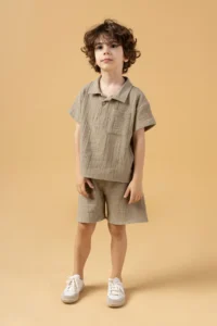 Minipodyum Boy's Plaid Shirt Shorts Muslin Summer Double Set - Image 3
