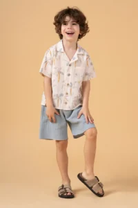 Minipodyum Boy's Printed Shirt Shorts Muslin Summer Double Set - Image 2
