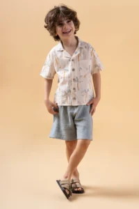 Minipodyum Boy's Printed Shirt Shorts Muslin Summer Double Set - Image 3