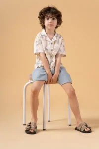 Minipodyum Boy's Printed Shirt Shorts Muslin Summer Double Set - Image 4