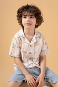 Minipodyum Boy's Printed Shirt Shorts Muslin Summer Double Set - Image 5
