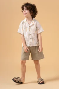 Minipodyum Boy's Printed Shirt Shorts Muslin Summer Double Set - Image 2