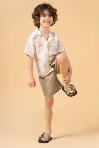 Minipodyum Boy's Printed Shirt Shorts Muslin Summer Double Set - Image 3