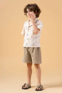 Minipodyum Boy's Printed Shirt Shorts Muslin Summer Double Set - Image 5