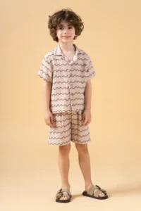Minipodyum Boy's Buttoned Shirt Shorts Muslin Summer Double Set