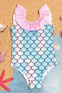 Minipodyum Girls' Ruffle Detailed Fish Back Patterned Swimsuit
