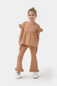 Minipodyum Girl's Summer Waffle Double Set with Gathered Sleeves and Legs