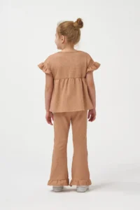 Minipodyum Girl's Summer Waffle Double Set with Gathered Sleeves and Legs - Image 2