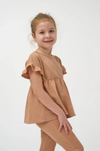 Minipodyum Girl's Summer Waffle Double Set with Gathered Sleeves and Legs - Image 3