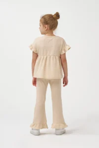 Minipodyum Girl's Summer Waffle Double Set with Gathered Sleeves and Legs - Image 2