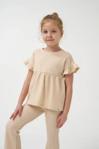 Minipodyum Girl's Summer Waffle Double Set with Gathered Sleeves and Legs - Image 3