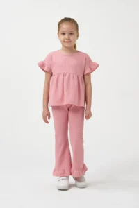Minipodyum Girl's Summer Waffle Double Set with Gathered Sleeves and Legs - Image 2