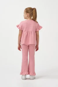 Minipodyum Girl's Summer Waffle Double Set with Gathered Sleeves and Legs - Image 3