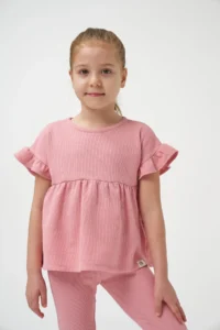 Minipodyum Girl's Summer Waffle Double Set with Gathered Sleeves and Legs - Image 4