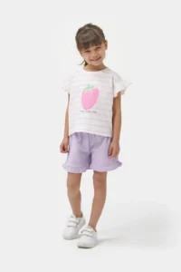 Minipodyum Girl's Striped T-Shirt and Shorts Summer Waffle Double Set