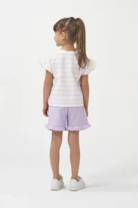Minipodyum Girl's Striped T-Shirt and Shorts Summer Waffle Double Set - Image 2