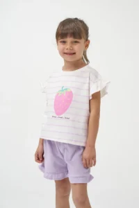 Minipodyum Girl's Striped T-Shirt and Shorts Summer Waffle Double Set - Image 3