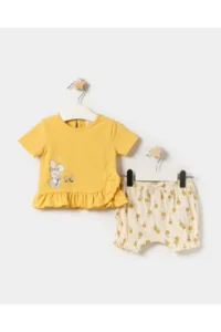 Minipodyum Baby Girl T-shirt Summer Double Set with Knitted Muslin Shorts