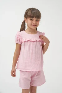 Minipodyum Girl's Watermelon Sleeve Summer Muslin Double Set with Shorts - Image 3