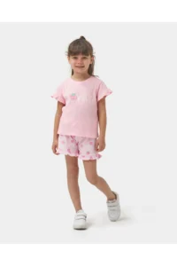 Minipodyum Girl's Knitted Muslin Summer Double Set with Embroidery Detailed Shorts