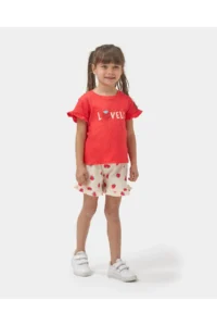 Minipodyum Girl's Knitted Muslin Summer Double Set with Embroidery Detailed Shorts