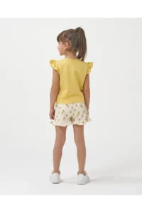 Minipodyum Girl's Front Tie T-shirt Summer Double Set with Knitted Muslin Shorts - Image 2