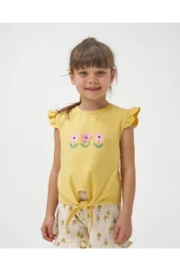 Minipodyum Girl's Front Tie T-shirt Summer Double Set with Knitted Muslin Shorts - Image 3
