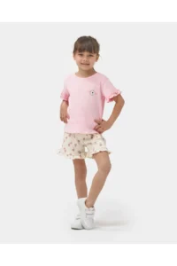Minipodyum Girl's Ruffle Detailed T-shirt and Shorts Knitted Muslin Summer Double Set