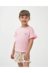 Minipodyum Girl's Ruffle Detailed T-shirt and Shorts Knitted Muslin Summer Double Set - Image 2