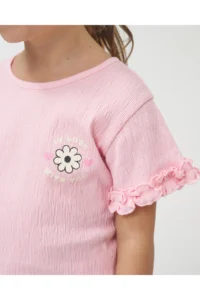 Minipodyum Girl's Ruffle Detailed T-shirt and Shorts Knitted Muslin Summer Double Set - Image 4