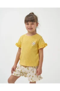 Minipodyum Girl's Ruffle Detailed T-shirt and Shorts Knitted Muslin Summer Double Set - Image 2