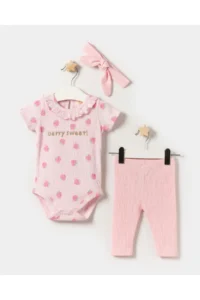 Minipodyum Baby Girl Bodysuit Knitted Muslin Bandana Summer 3-Piece Set