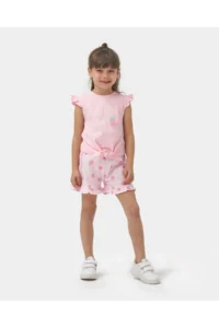 Minipodyum Girl's Front Tie T-shirt with Shorts Knitted Muslin Summer Double Set