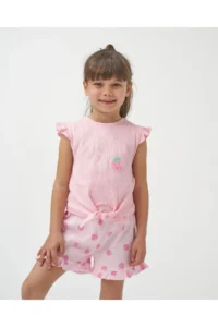 Minipodyum Girl's Front Tie T-shirt with Shorts Knitted Muslin Summer Double Set - Image 3