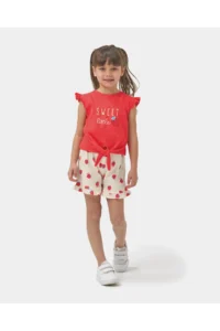 Minipodyum Girl's Front Tie T-shirt with Shorts Knitted Muslin Summer Double Set