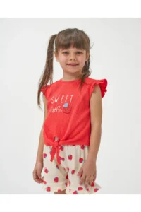 Minipodyum Girl's Front Tie T-shirt with Shorts Knitted Muslin Summer Double Set - Image 3