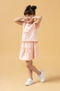 Minipodyum Girl's Summer Two-piece Suit with Balloon Skirt and Bow Detail