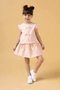 Minipodyum Girl's Summer Two-piece Suit with Balloon Skirt and Bow Detail - Image 2