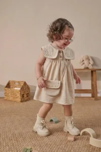 Minipodyum Baby Girl Festive Linen Dress with Embroidered Collar and Bag