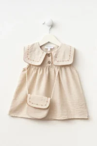 Minipodyum Baby Girl Festive Linen Dress with Embroidered Collar and Bag - Image 2