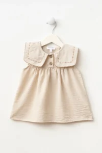 Minipodyum Baby Girl Festive Linen Dress with Embroidered Collar and Bag - Image 3
