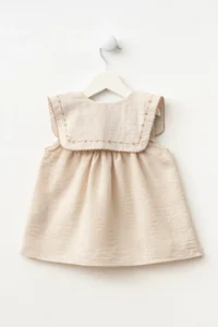 Minipodyum Baby Girl Festive Linen Dress with Embroidered Collar and Bag - Image 4