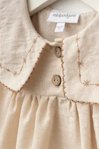 Minipodyum Baby Girl Festive Linen Dress with Embroidered Collar and Bag - Image 5