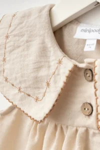 Minipodyum Baby Girl Festive Linen Dress with Embroidered Collar and Bag - Image 6