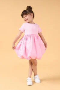 Minipodyum Girls' Bow Detailed Summer Balloon Dress-Pink