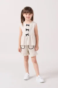 Minipodyum Girl's Linen Summer Double Set with Bow Detailed Shorts