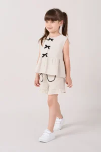Minipodyum Girl's Linen Summer Double Set with Bow Detailed Shorts - Image 2