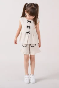 Minipodyum Girl's Linen Summer Double Set with Bow Detailed Shorts - Image 3